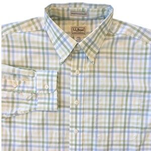 LL Bean Mens Large Regular Plaid Button Down Shirt Green Blue Wrinkle Resistant